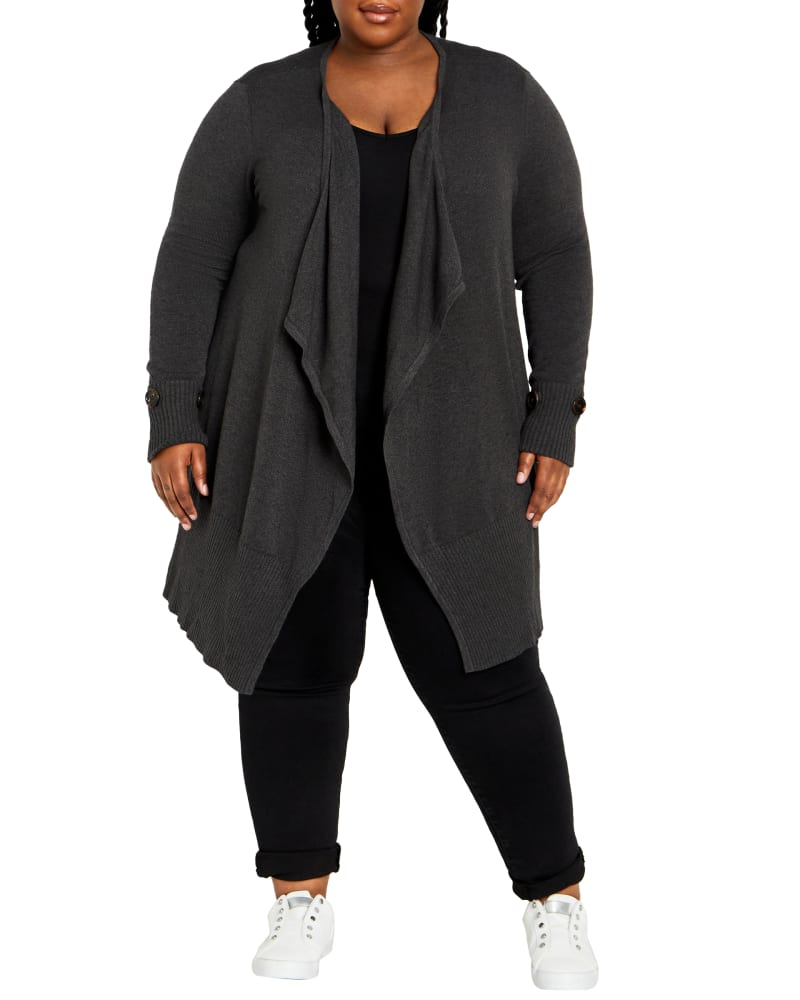 Front of a model wearing a size 18/20 CARDI BIG BUTTON CUFF in Charcoal Grey by avenue. | dia_product_style_image_id:320315